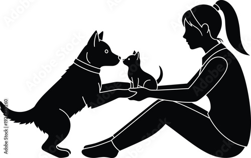 Woman silhouette sitting with dog and cat showing love care and friendship representing pet ownership animal bonding companionship and domestic lifestyle concept illustration