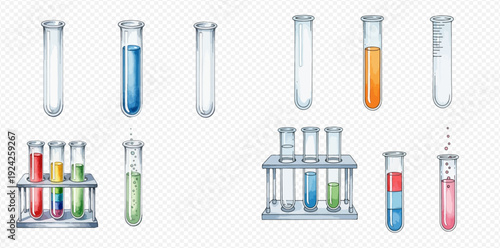 A diverse set of realistic laboratory test tubes for chemical experiments and scientific research.