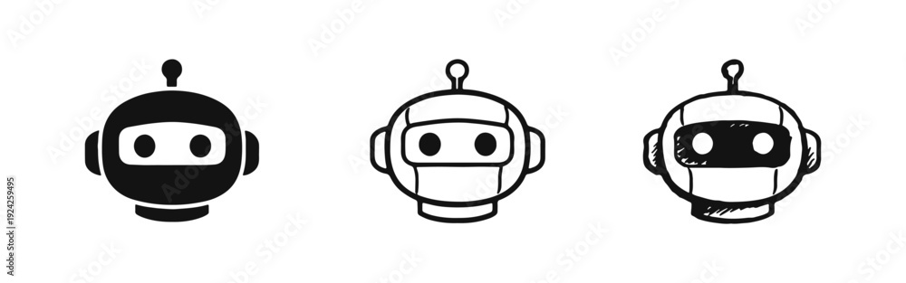 Obraz premium Robot Head Icon Set. Chatbot, Artificial Intelligence, and Robotic Assistant Vector Illustration.