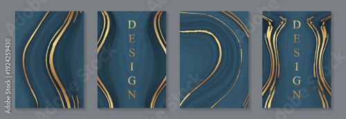 Luxury blue liquid marble backgrounds with golden waves for wedding invitations or greeting cards or business.