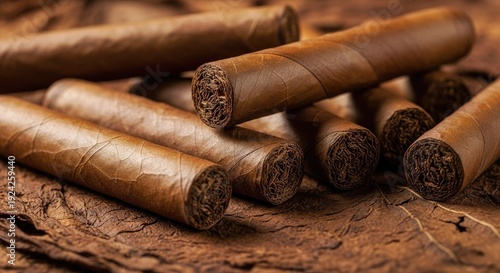 Close up of cigars on tobacco leaves highlighting texture and detail