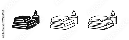 Spa and Wellness Icon Set. Stack of Soft Towels with Lit Candle Vector Illustration.