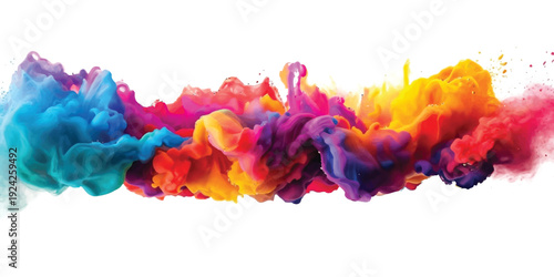 A vibrant burst of colorful powder or smoke creating an abstract and dynamic display against a pure white background