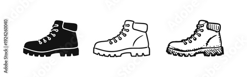 Robust hiking boot icon set in solid, outline, and artistic hand-drawn variations.
