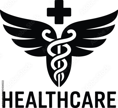 Minimalist healthcare caduceus vector illustration featuring medical cross symbol staff serpent wings collection