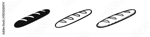 Baguette French bread icon set showing solid, outlined, and hand-drawn designs.