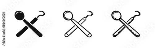 Dental tools icon set with mirror and probe in solid, outline, and hand-drawn styles.