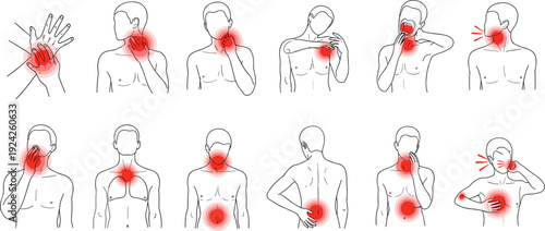 Line art vector illustration set of human body silhouettes with red pain circles indicating areas of ache including back neck chest joint healthcare and pharmaceutical design.