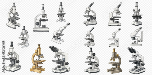 Collection of various laboratory microscopes for scientific research and education on a transparent background.