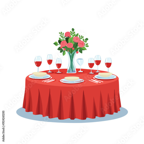Elegant dining table setting with red tablecloth and floral centerpiece