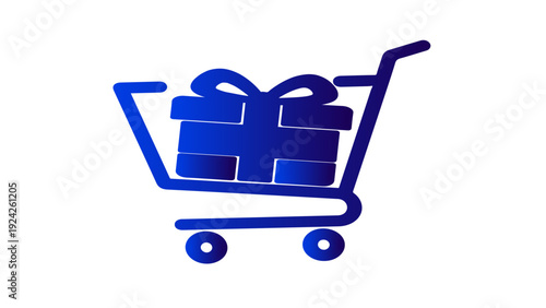 Blue gradient shopping cart icon with a gift box inside, isolated on white background. Modern e-commerce and online rewards concept.