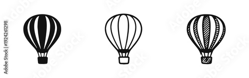 Hot Air Balloon Icons Set. Adventure Travel and Freedom Symbols Collection in Solid, Outline, and Hand-Drawn Styles.