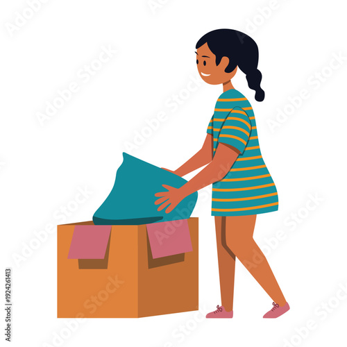 Young Girl Packing Clothes into Cardboard Box – Moving and Decluttering Concept Illustration vector