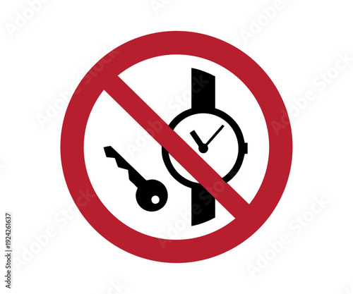 No metallic articles or watches vector design prohibition safety sign ISO 7010. Danger no metallic articles or watches sign prohibitory safety icon vector design and illustration. 
