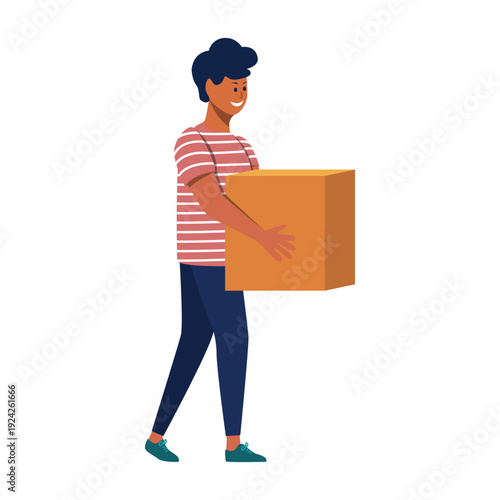 Young Man Carrying Cardboard Box – Moving and Relocation Concept Illustration vector