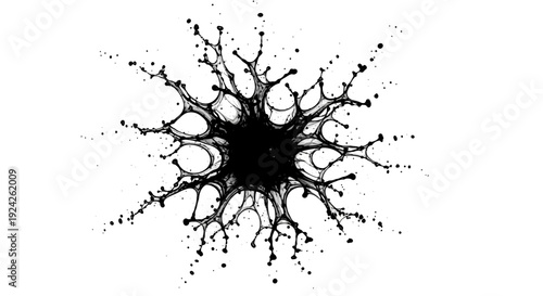 Dynamic Black Ink Splatter Burst Pattern on an Isolated White Background, Abstract Design Element