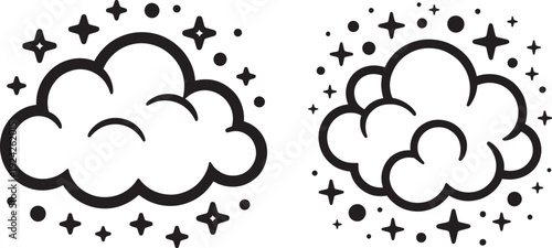 Stylized cloud icons with sparkles and stars, representing dreams, magic, and good weather.