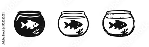 Fish in jar icons set. Aquarium and pet symbols in solid, outline, and doodle styles.