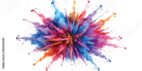 A vibrant explosion of colorful powder creating a dynamic starburst effect on a white background