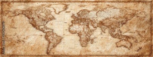 Detailed Vintage World Map Illustration with Sepia Tone Texture and Artistic Appeal