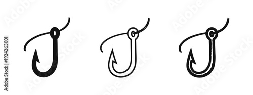 Fishing hook with line icon set in solid, outline, and hand-drawn doodle styles, perfect for angling and outdoor themes.