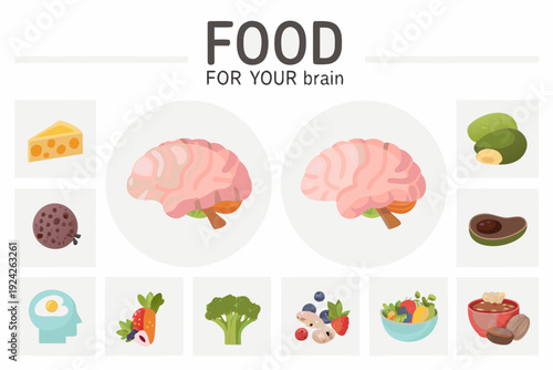 Food for thought illustrations connecting diet to brain health concepts