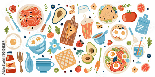 Colorful illustration of a variety of breakfast and brunch food items