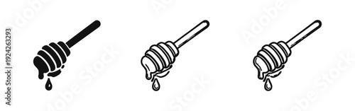 Honey dipper icon set displaying dripping honey in solid, outline, and sketchy hand-drawn styles for food and nature themes.