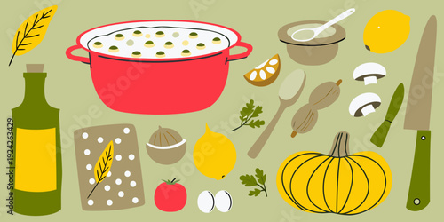 A colorful flat lay of ingredients for a hearty vegetable soup