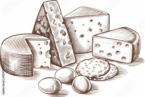 An artistic sketch depicting various cheeses crackers and eggs