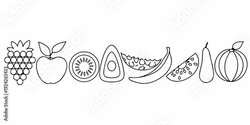 A simple black and white illustration of various fruits in a row