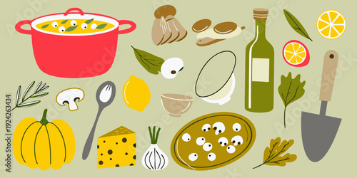 Colorful illustration of cooking ingredients and kitchen utensils on green