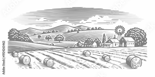 Vintage style landscape with rolling hills farm and hay bales