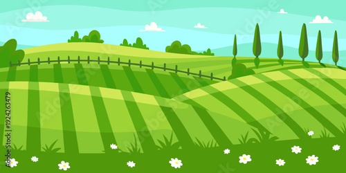 A vibrant green landscape featuring rolling hills trees and a clear sky