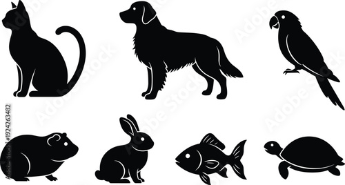 Domestic Pets Silhouette Collection: Black and White Vector Illustration Set Featuring Cat, Dog, Parrot, Guinea Pig, Rabbit, Goldfish, and Turtle for Animal Care Concept