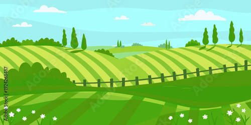 A vibrant stylized landscape featuring rolling green hills and blue sky