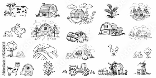 Whimsical farm scene featuring barn animals and countryside elements