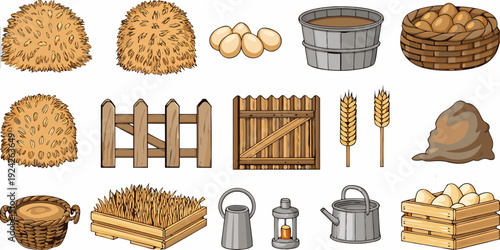 Collection of farm elements including hay wheat eggs and rustic tools