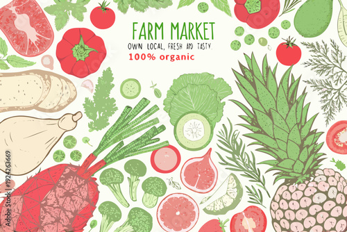 Colorful farm market illustration featuring fresh fruits and vegetables