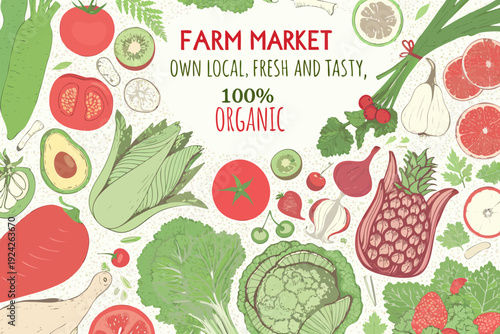 A colorful illustration showcasing fresh produce from a local farm market