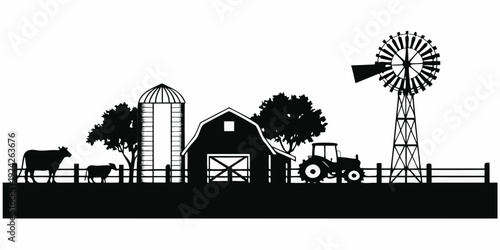 A black and white silhouette of a rural farm landscape scene