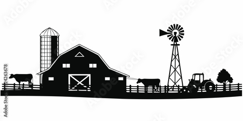Black and white silhouette of a rural farm scene with livestock