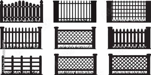 Collection of black wrought iron fence designs arranged in a grid pattern