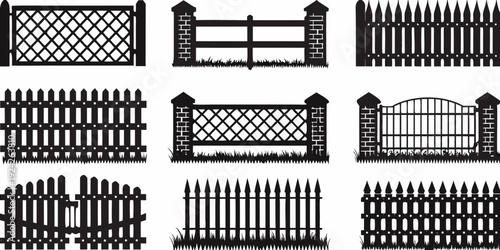 Collection of black silhouette gate and fence designs on white background