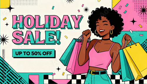 Vector flat cartoon illustration of a woman who made a bargain purchase with a 50% discount.