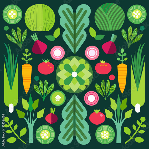 A vibrant patterned arrangement of various fresh green vegetables and fruits
