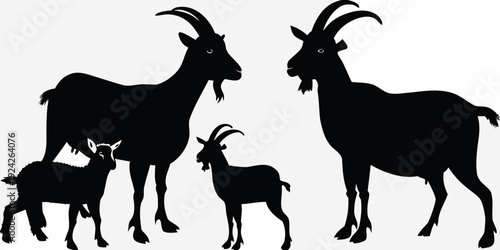 A family of goats depicted in a striking black silhouette illustration