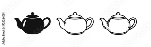 Classic Teapot Icon Set in Solid Black, Outline, and Hand-drawn Doodle Styles