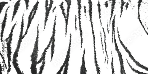 A detailed black and white close-up image of a tiger's fur pattern, featuring bold vertical stripes