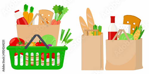 Colorful illustration of grocery shopping with fresh produce and bread